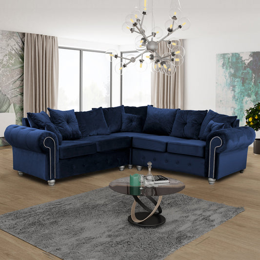 ASHWIN NAVY BLUE PLUSH VELVET CORNER SOFA